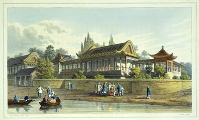 Zomerpaleis van de keizer, tegenover de stad Tien-Sing, plaat 2 uit Journal of the Proceedings of the Late Embassy to China, gegraveerd door J. Clark, 1817 door English School